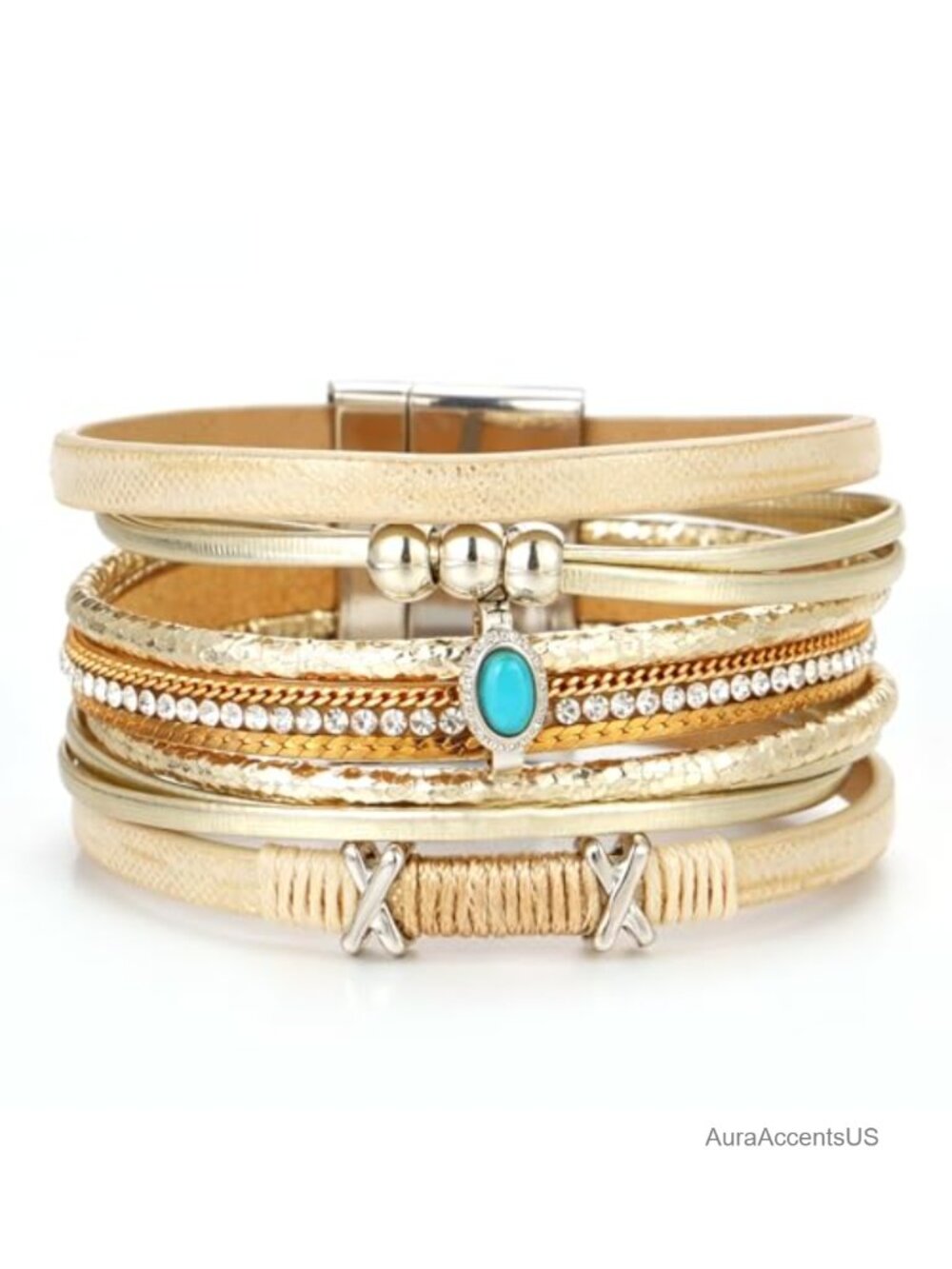 Leather Wrap Cuff Bracelet Layered Boho Rhinestone Jewelry